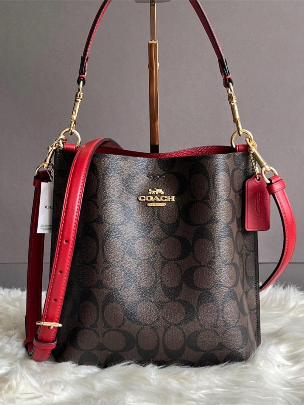 Coach Mollie Bucket Bag in Brown Signature Canvas Shoulder Bag with Red Trim
